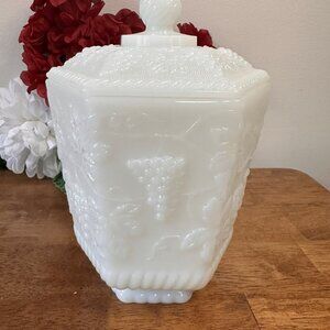 Anchor Hocking Fire King Milk Glass Grape Cookie Jar Vintage Lidded Canister
